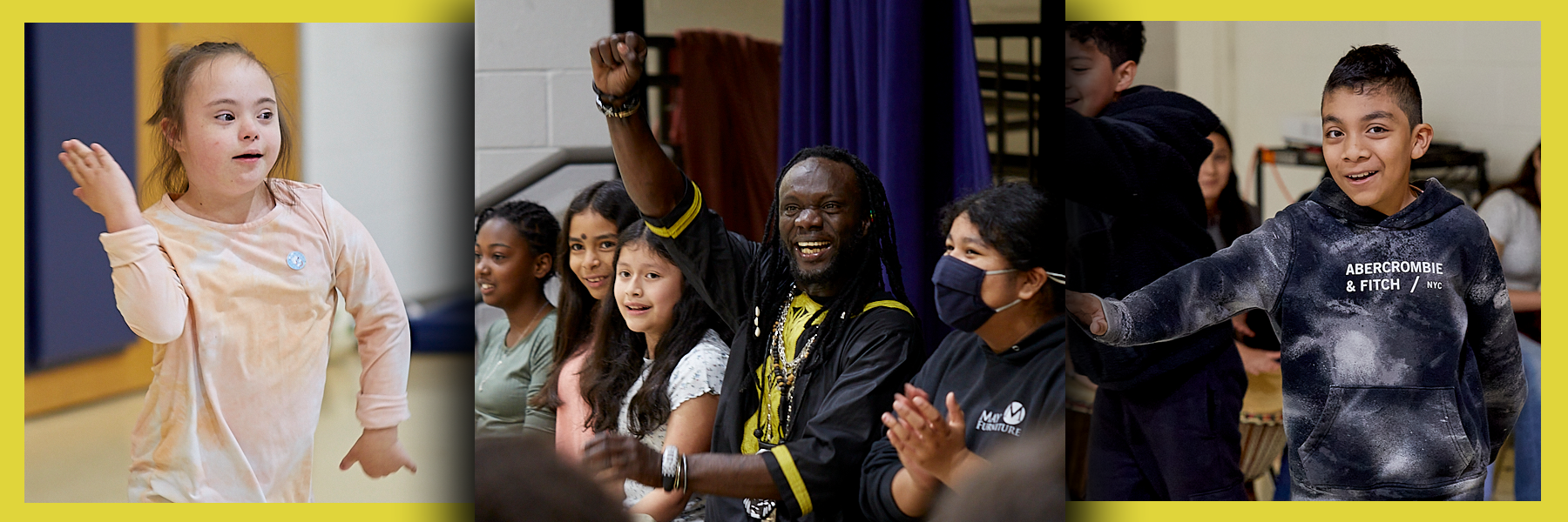 Photo trio: Girl stands dancing; seated man with dreads holds arm high in excitement; boys dance for classmates